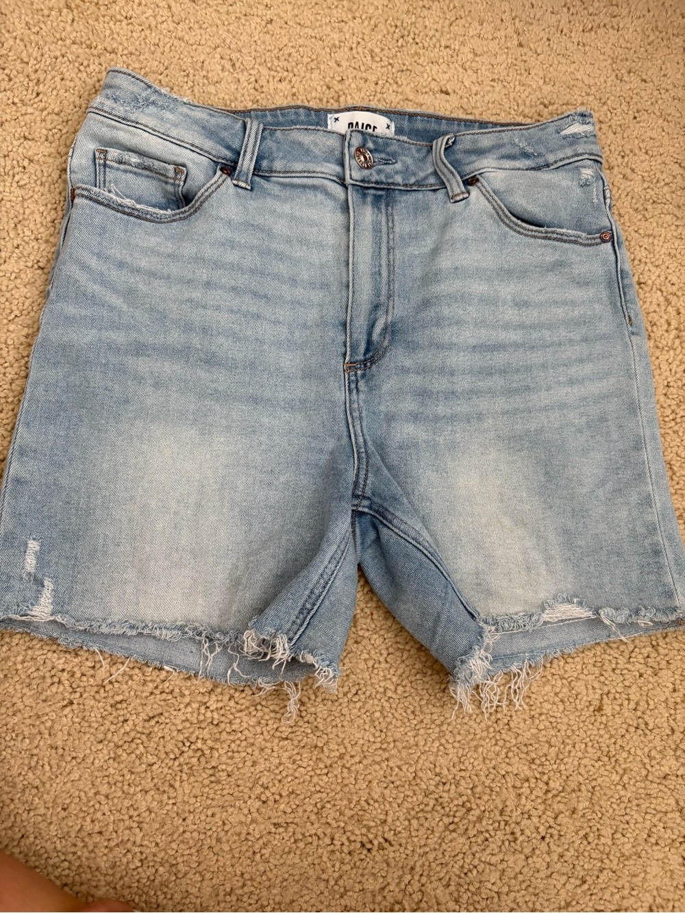 PAIGE Light Blue Distressed Denim Shorts